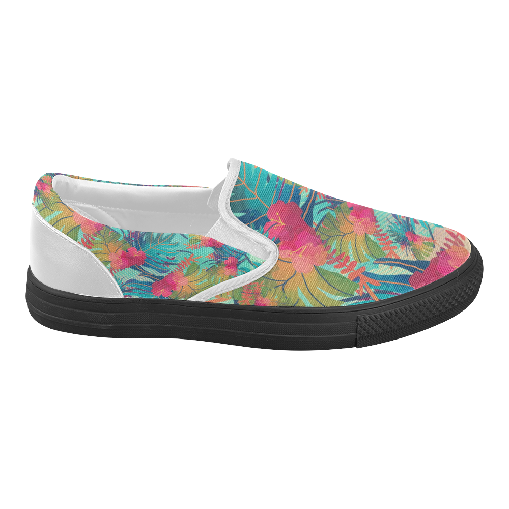 Watercolor Leaves Tropical Floral Pattern Women's Slip-on Canvas Shoes (Model 019)