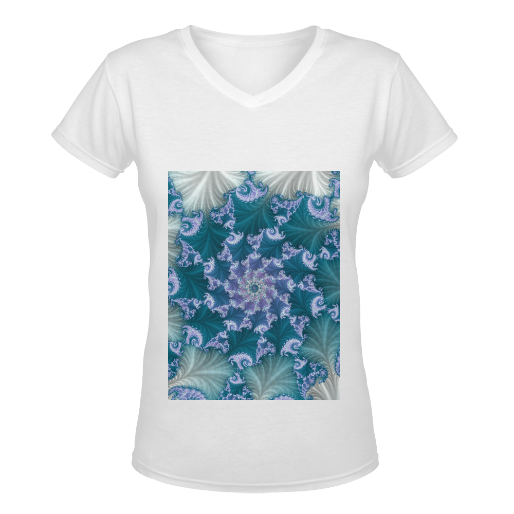 Floral spiral in soft blue on flowing fabric Women's Deep V-neck T-shirt (Model T19)
