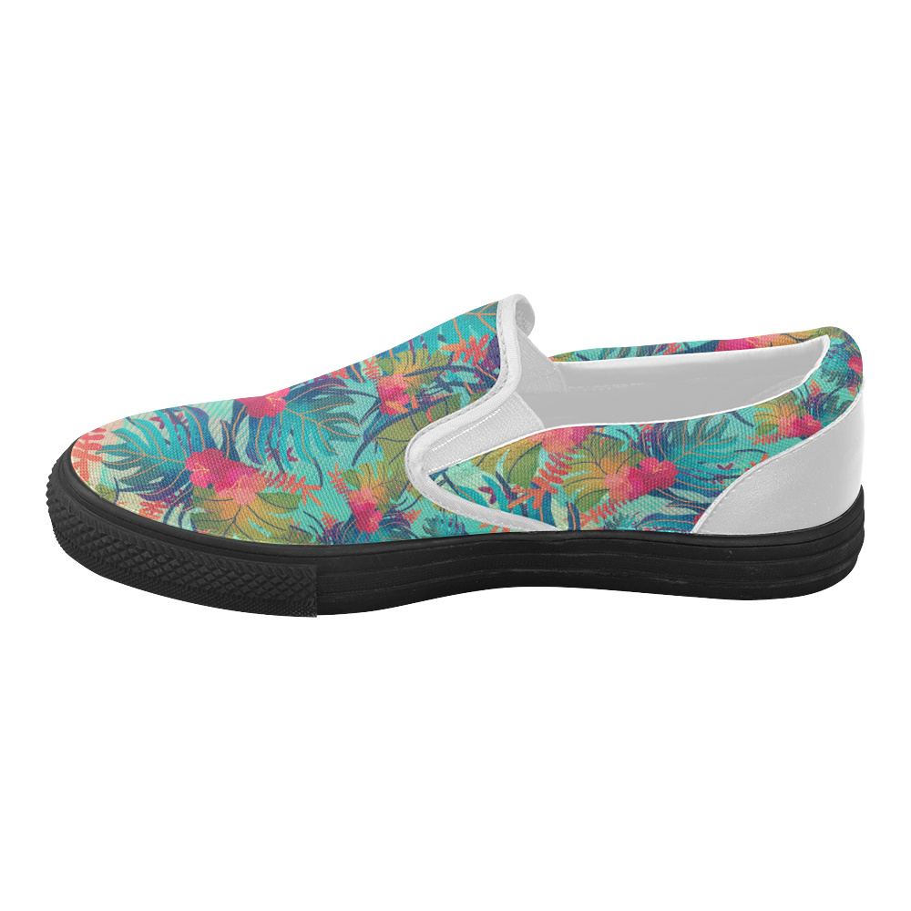 Watercolor Leaves Tropical Floral Pattern Women's Slip-on Canvas Shoes (Model 019)