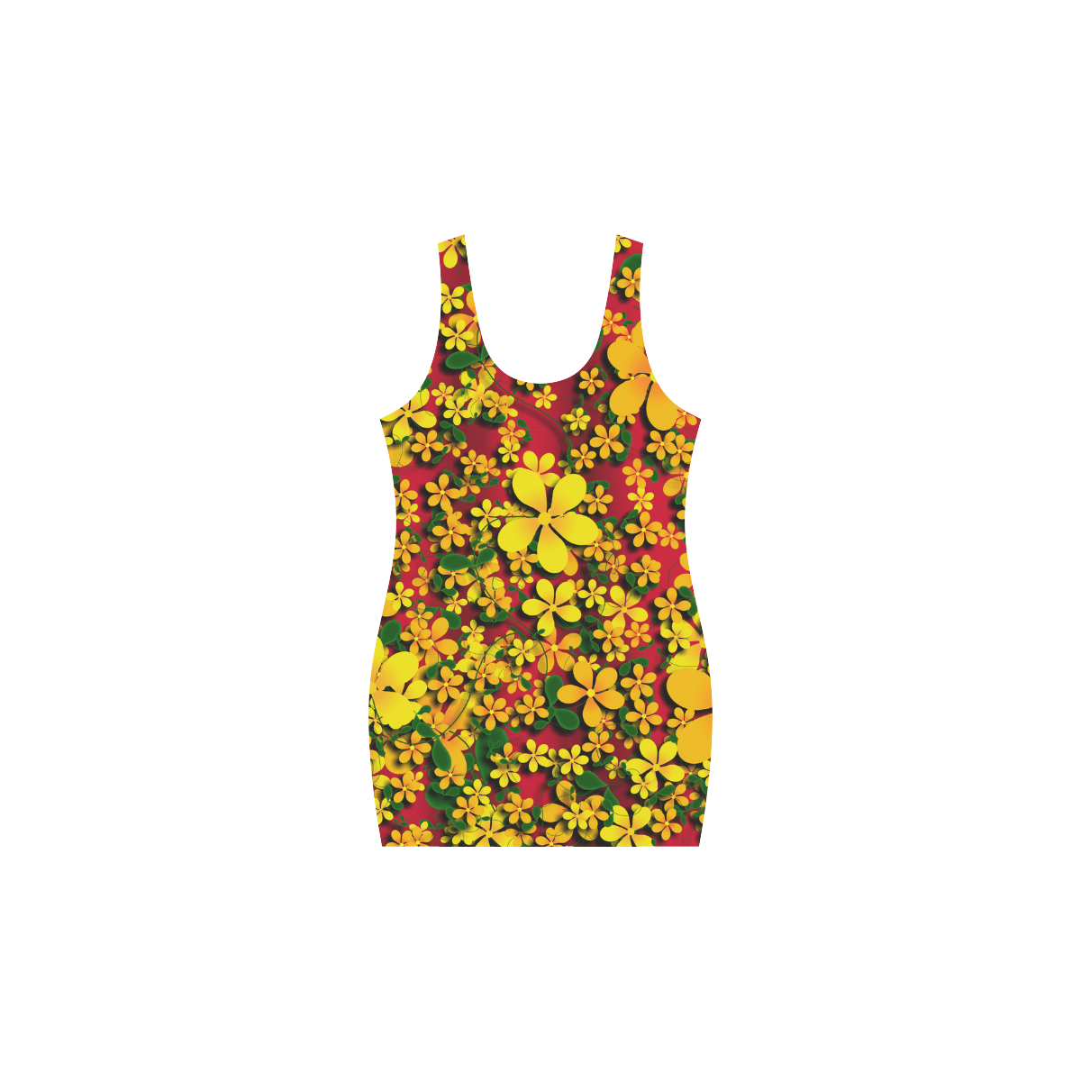 Pretty Orange & Yellow Flowers on Red Medea Vest Dress (Model D06)