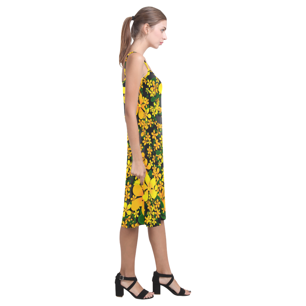 Pretty Orange & Yellow Flowers on Black Alcestis Slip Dress (Model D05)