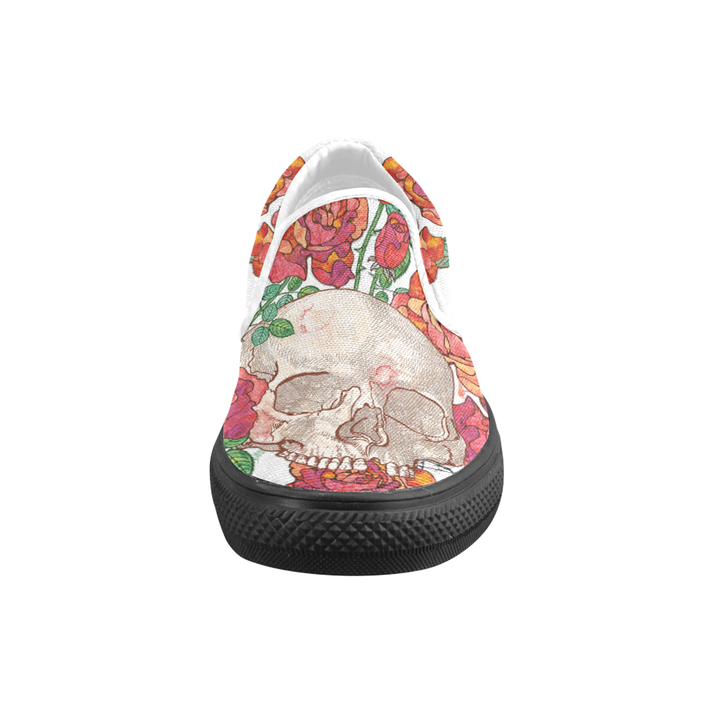 watercolor skull and roses Women's Unusual Slip-on Canvas Shoes (Model 019)
