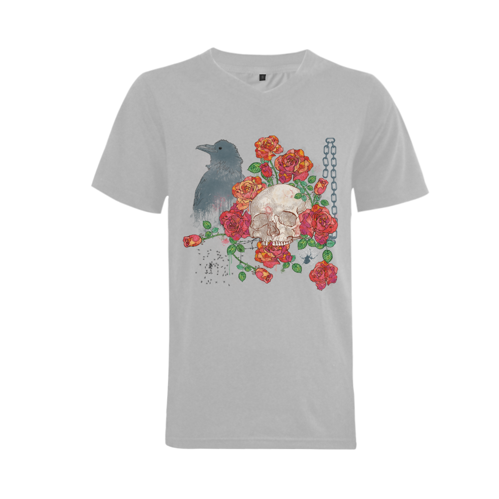 watercolor skull and roses Men's V-Neck T-shirt  Big Size(USA Size) (Model T10)