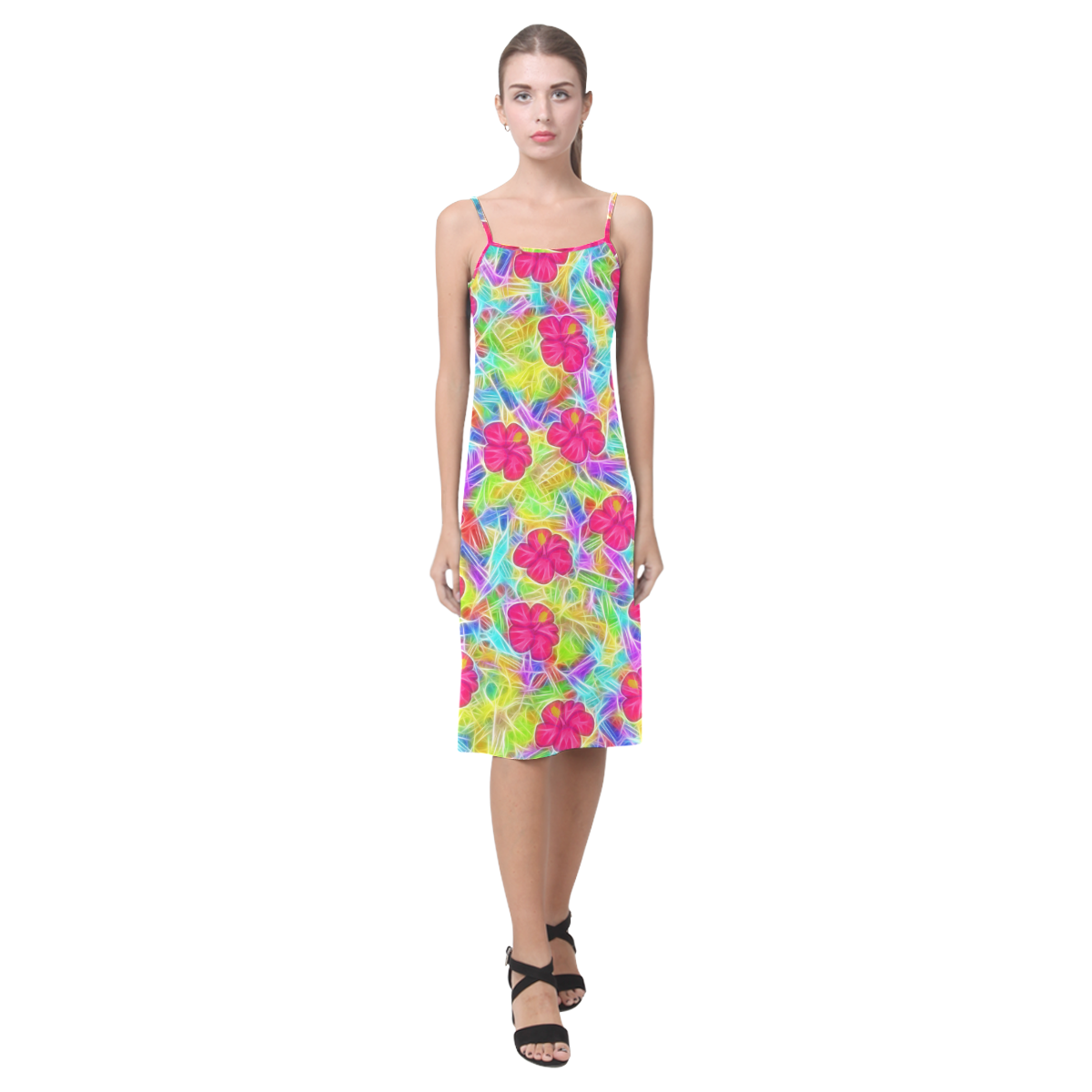 Pretty Pink Hawaiian Flowers Pattern Alcestis Slip Dress (Model D05)