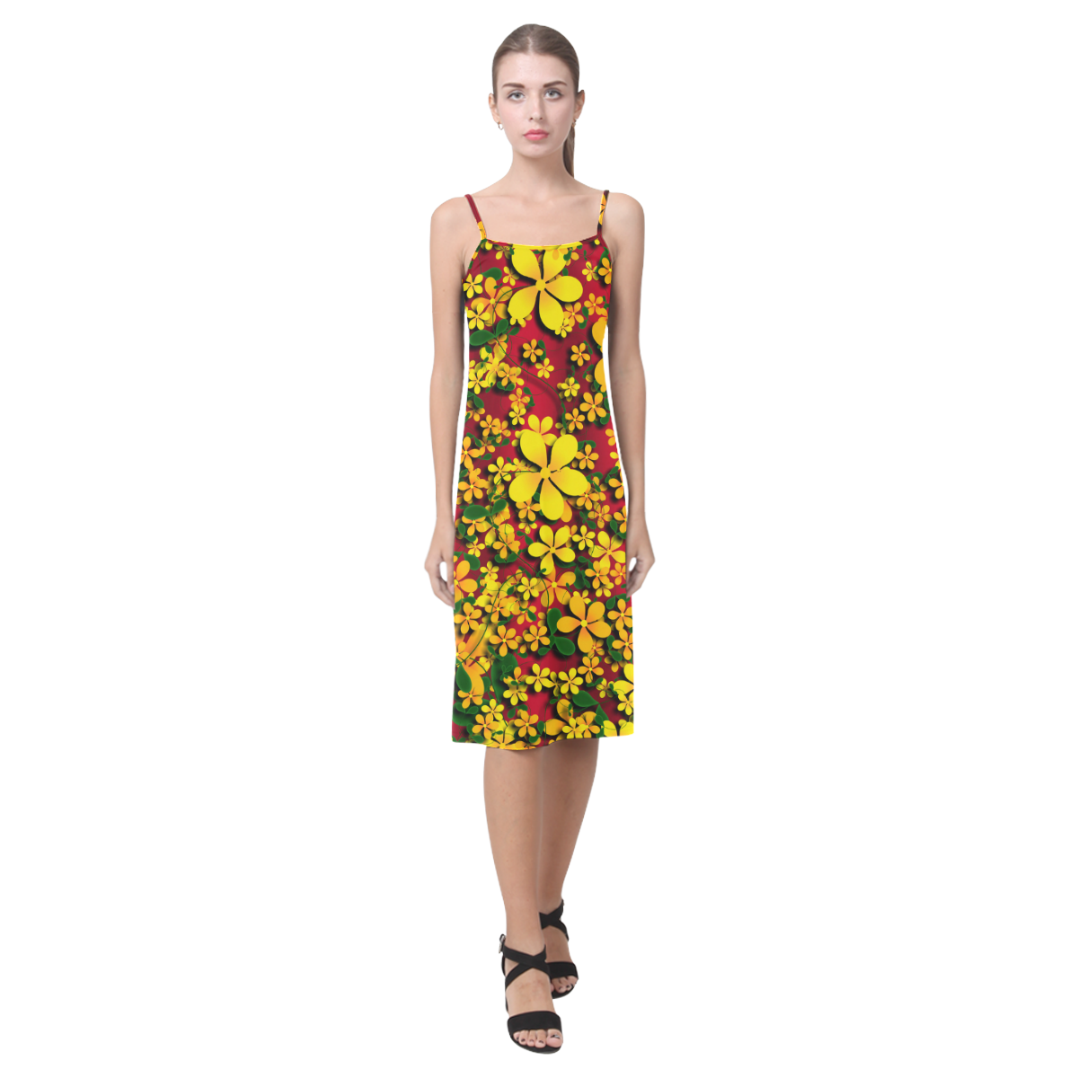 Pretty Orange & Yellow Flowers on Red Alcestis Slip Dress (Model D05)