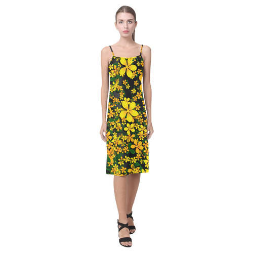 Pretty Orange & Yellow Flowers on Black Alcestis Slip Dress (Model D05)