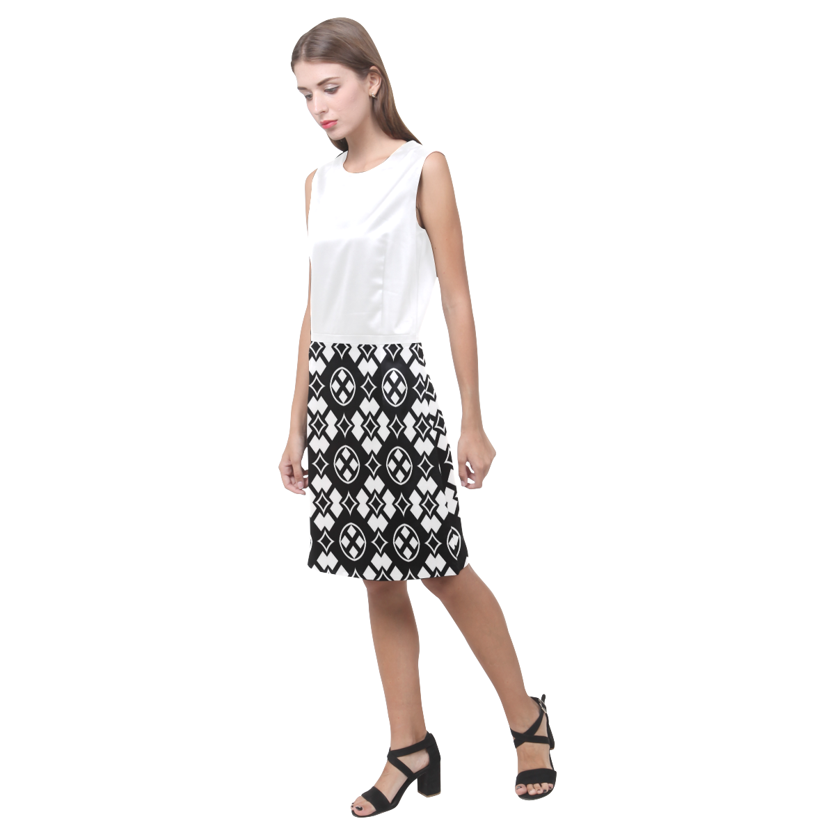 black and white Pattern 3416 Eos Women's Sleeveless Dress (Model D01)