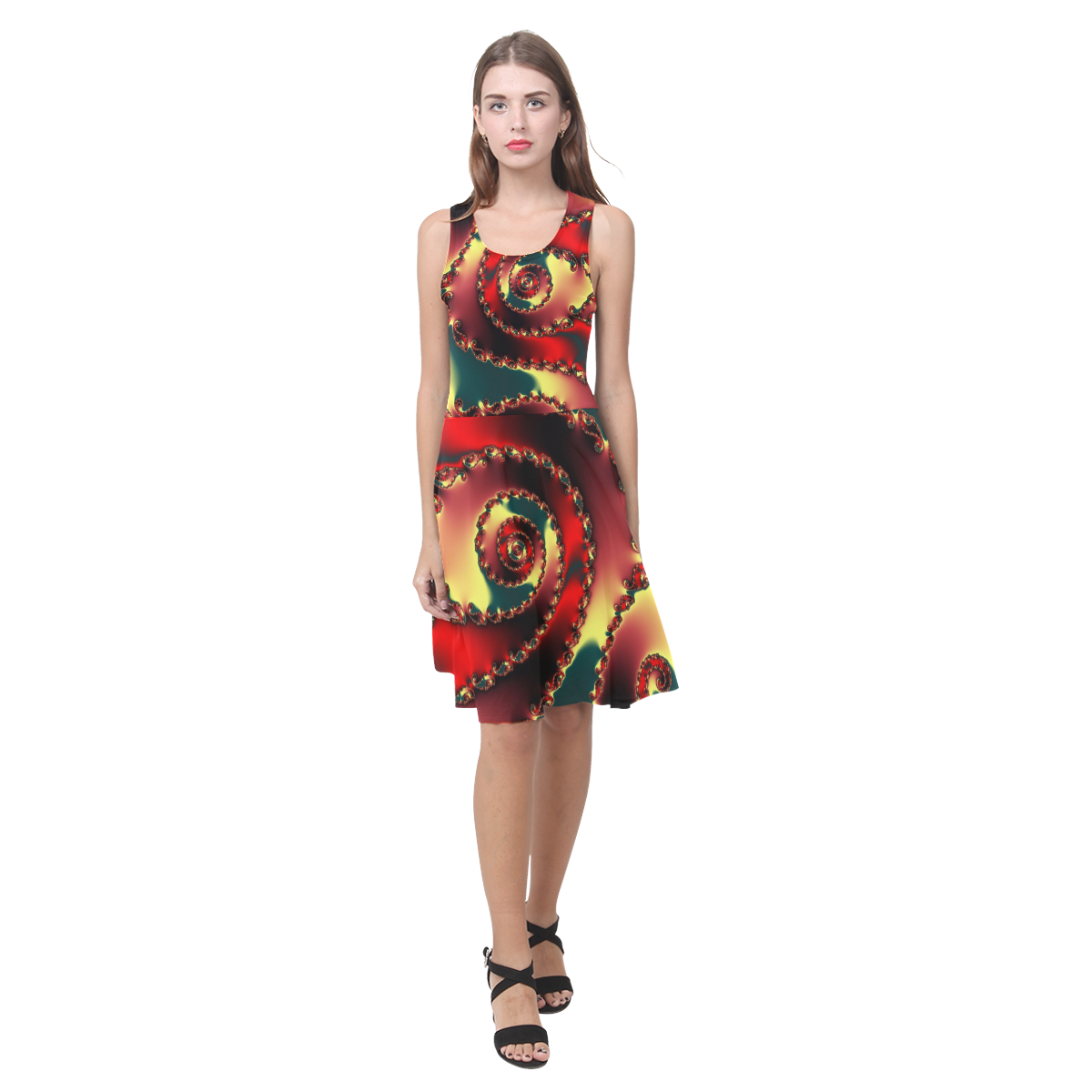 fractal green yellow black red spiral pattern Atalanta Casual Sundress(Model D04)