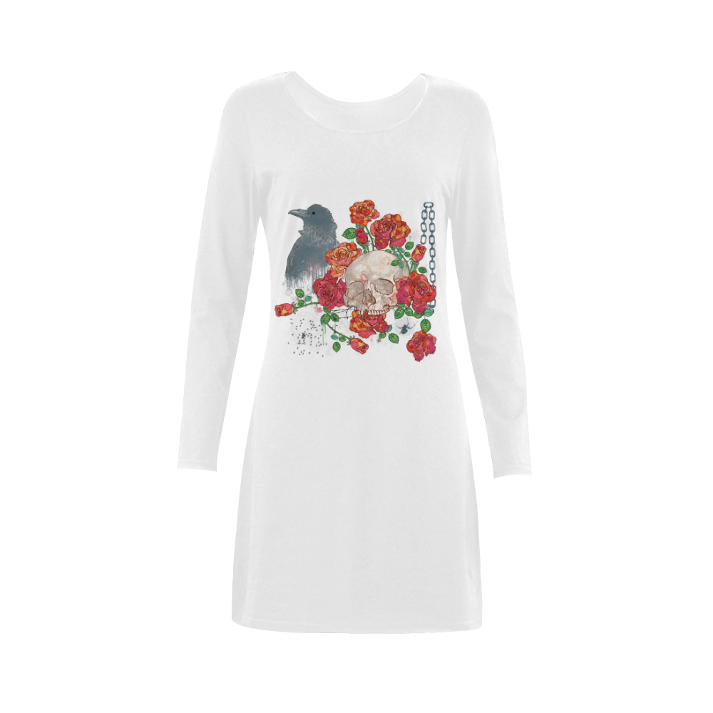 watercolor skull and roses Demeter Long Sleeve Nightdress (Model D03)