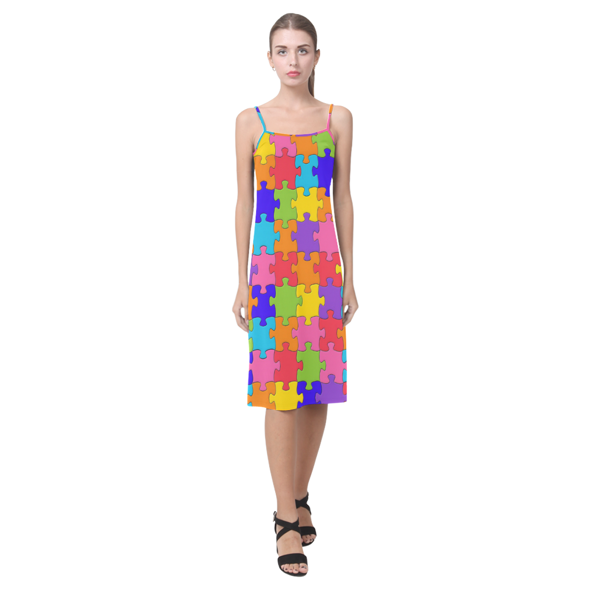 Multicolored Jigsaw Puzzle Alcestis Slip Dress (Model D05)