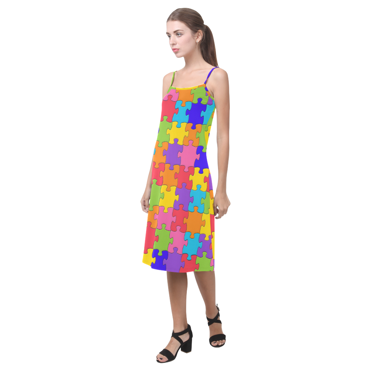 Multicolored Jigsaw Puzzle Alcestis Slip Dress (Model D05)