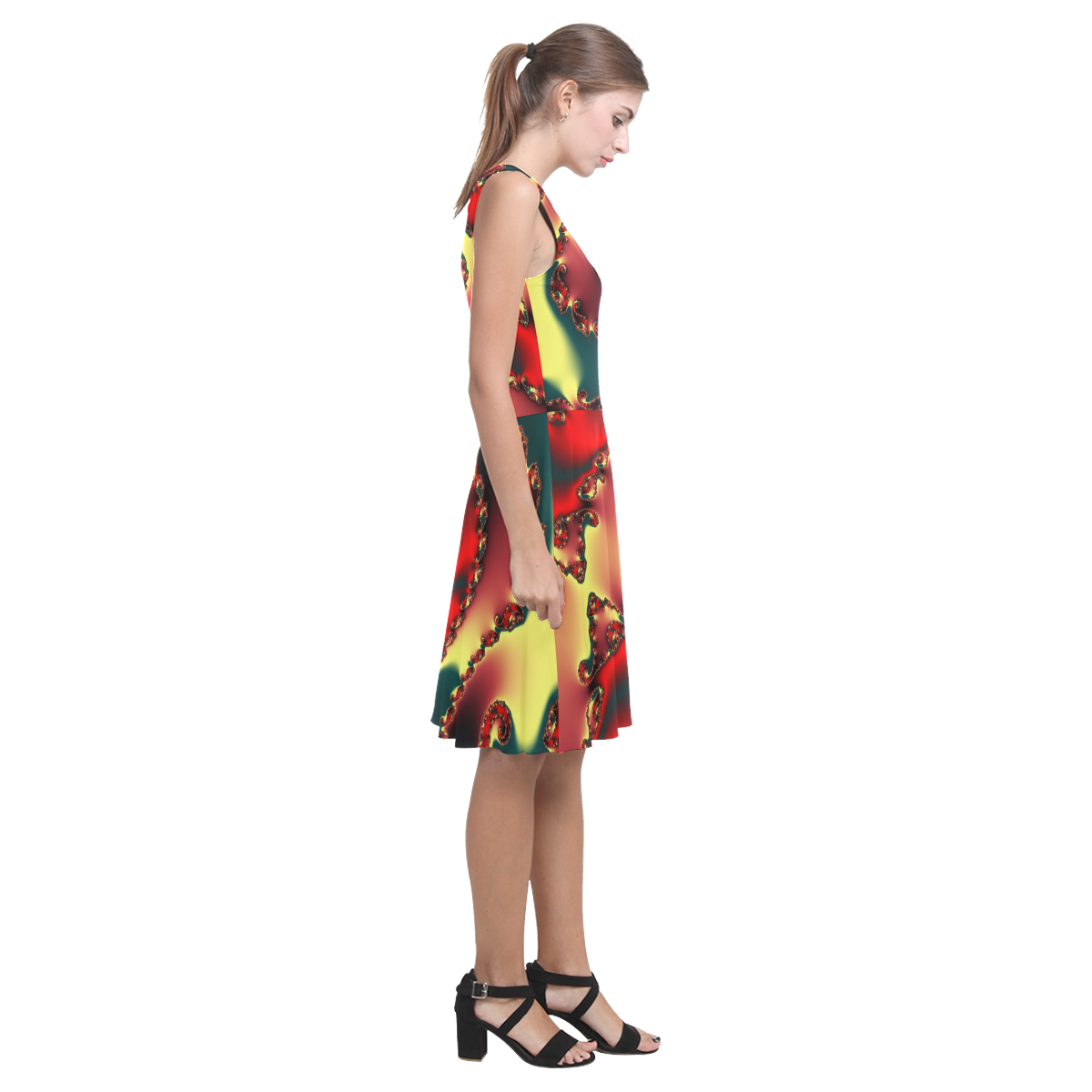 fractal green yellow black red spiral pattern Atalanta Casual Sundress(Model D04)