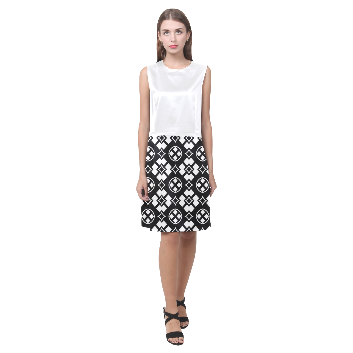 black and white Pattern 3416 Eos Women's Sleeveless Dress (Model D01)