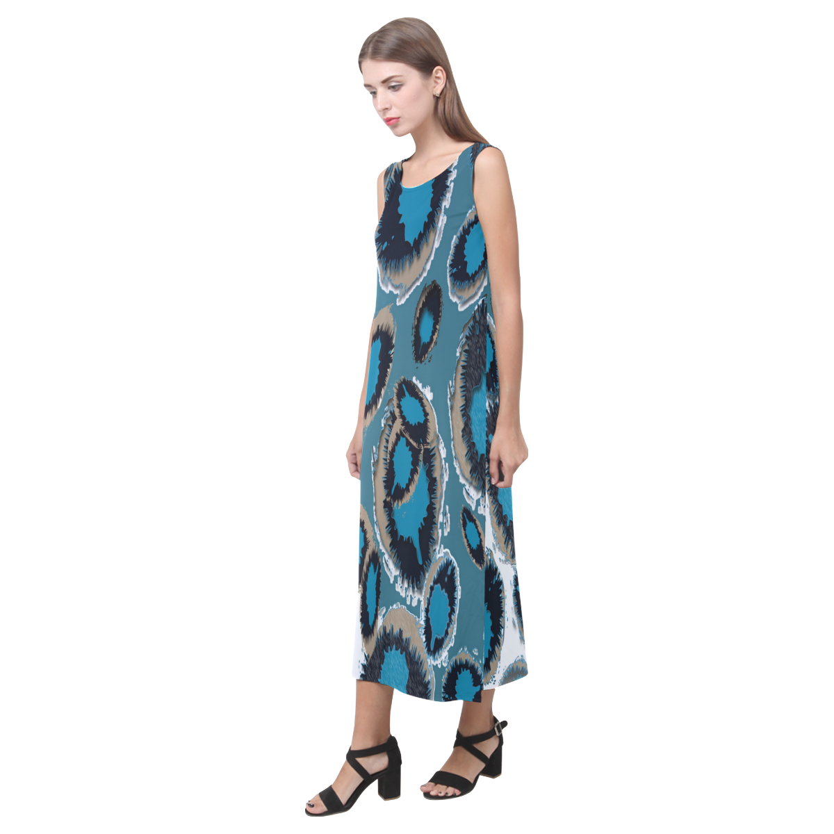 Bluish Smudge Spots Phaedra Sleeveless Open Fork Long Dress (Model D08)