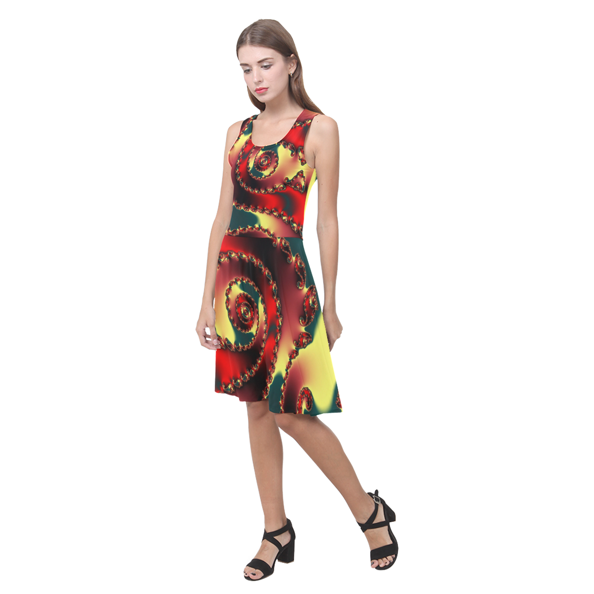 fractal green yellow black red spiral pattern Atalanta Casual Sundress(Model D04)