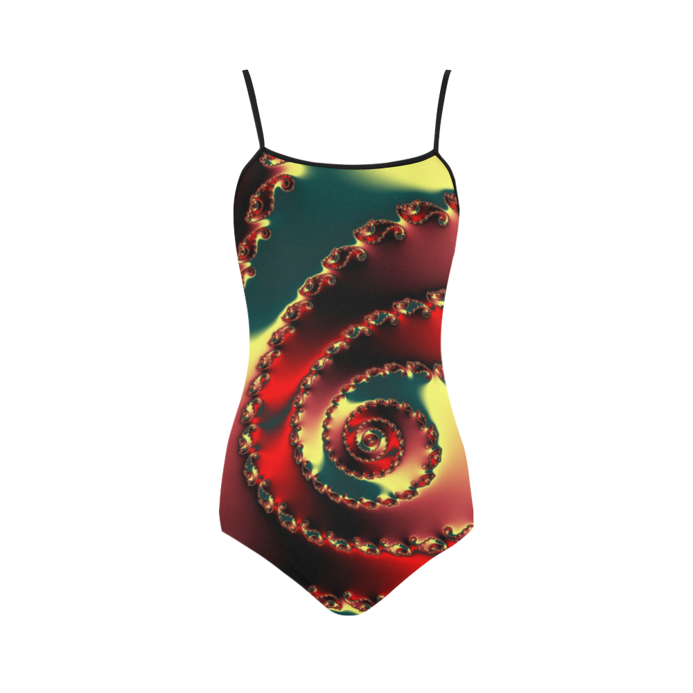 fractal green yellow black red spiral Strap Swimsuit ( Model S05)