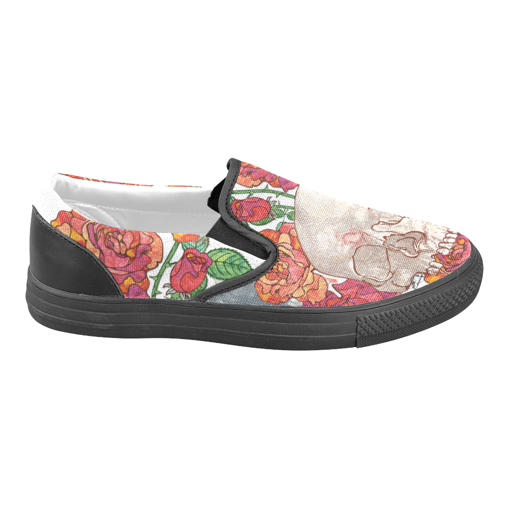 watercolor skull and roses Women's Unusual Slip-on Canvas Shoes (Model 019)