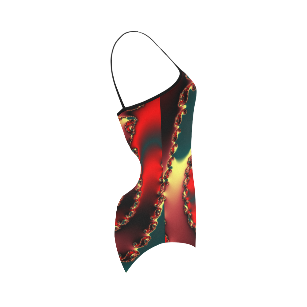 fractal green yellow black red spiral Strap Swimsuit ( Model S05)