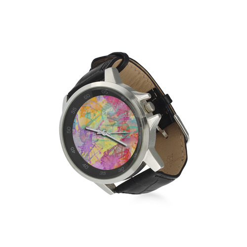 Watercolor Painting Splashes Pastel Multicolored Unisex Stainless Steel Leather Strap Watch(Model 202)