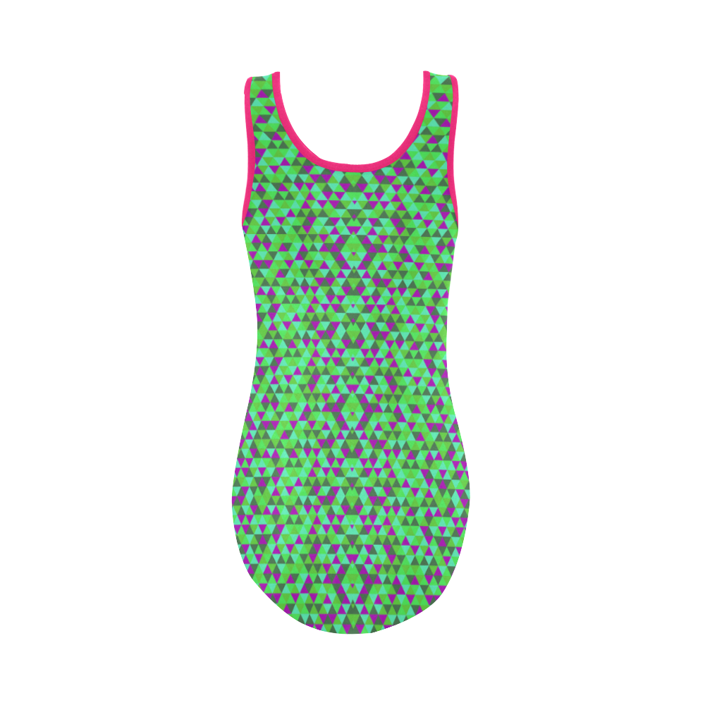 Fucsia and green mini rectangles Vest One Piece Swimsuit (Model S04)