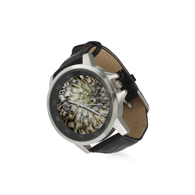 MAGIC SWIRL RIPPLES black brown cream Unisex Stainless Steel Leather Strap Watch(Model 202)
