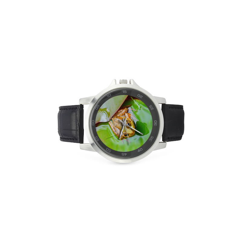 Frog on a Lily-pad Unisex Stainless Steel Leather Strap Watch(Model 202)