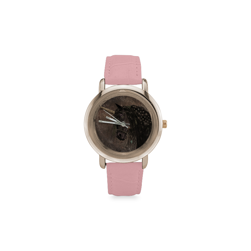 Dreamy Unicorn with brown grunge background Women's Rose Gold Leather Strap Watch(Model 201)