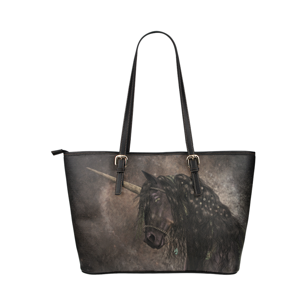Dreamy Unicorn with brown grunge background Leather Tote Bag/Small (Model 1651)