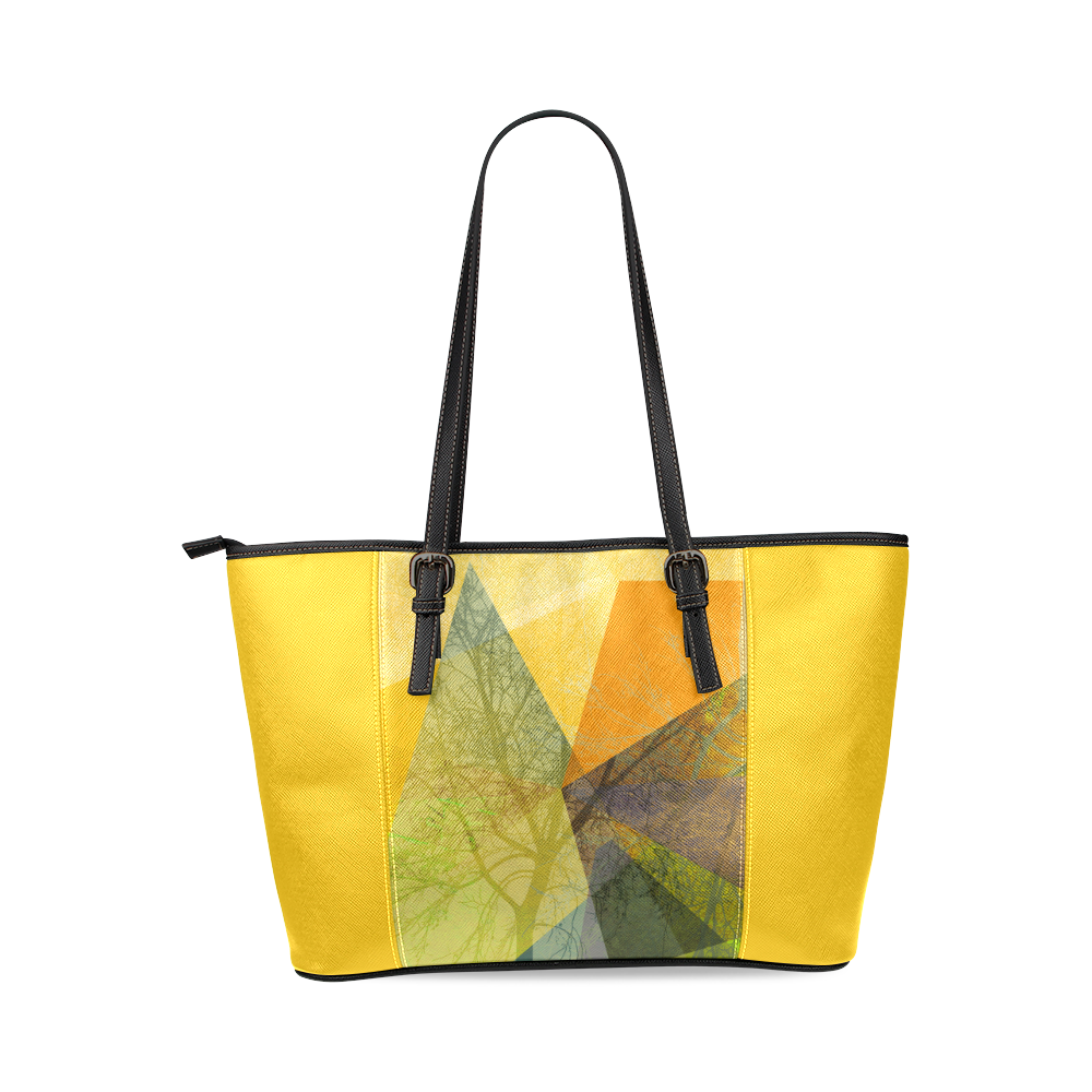 Graphical Trees and Triangles, Yellow_P24-F-Design-12_ Leather Tote Bag/Small (Model 1640)