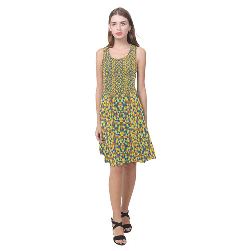 Blue and yellow mini rectangles Atalanta Casual Sundress(Model D04)