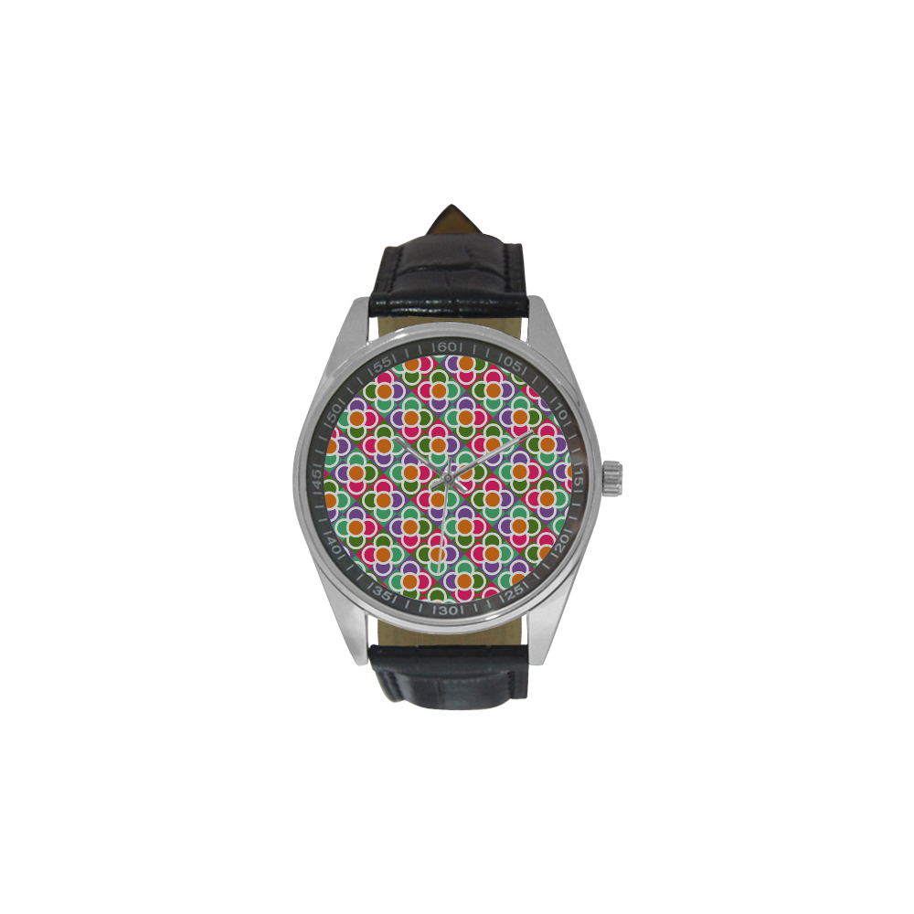 Modernist Floral Tiles Men's Casual Leather Strap Watch(Model 211)