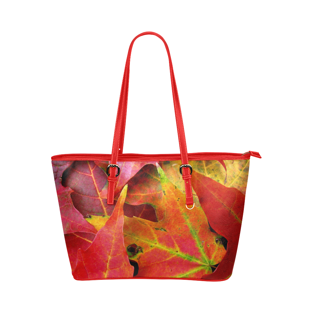 Macro Photo of Colorful Autumn Tree Leaves Leather Tote Bag/Large (Model 1651)