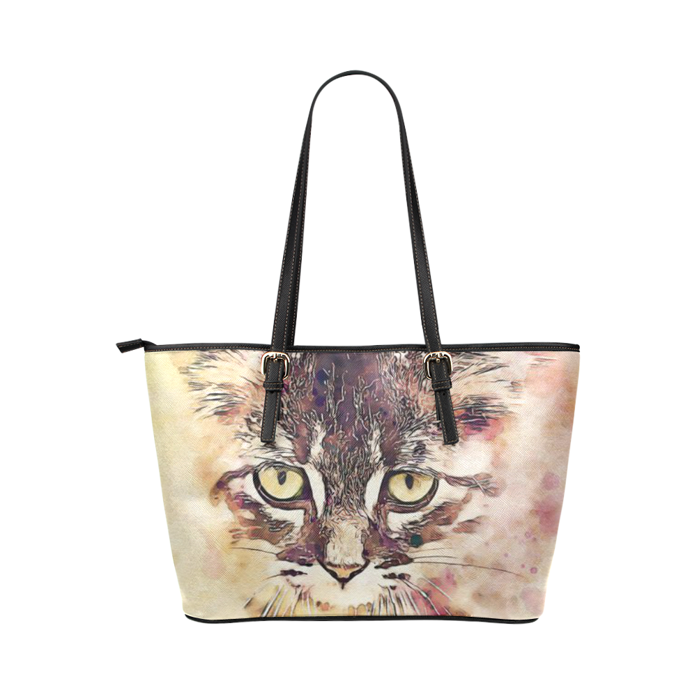 watercolor cat Leather Tote Bag/Large (Model 1651)