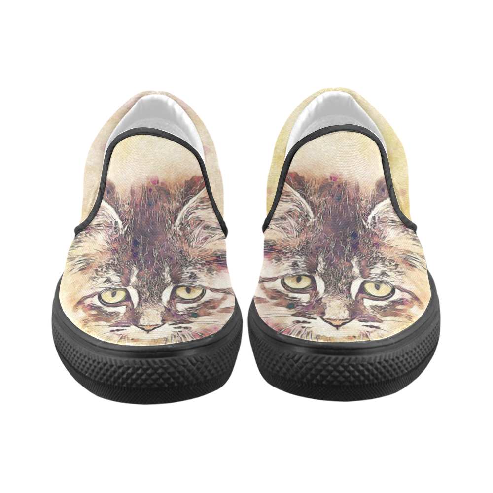 watercolor cat Women's Unusual Slip-on Canvas Shoes (Model 019)