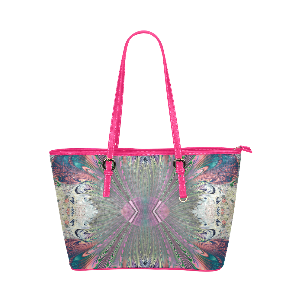 Precious Peacock Feathers Fractal Abstract Leather Tote Bag/Small (Model 1651)