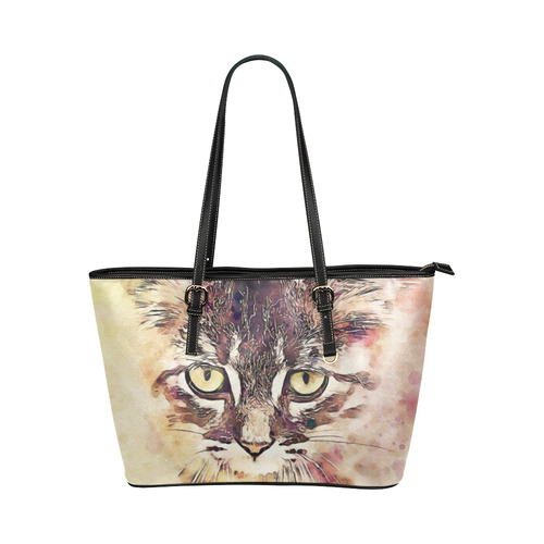 watercolor cat Leather Tote Bag/Large (Model 1651)