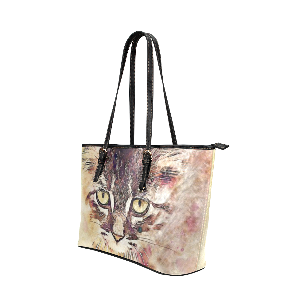 watercolor cat Leather Tote Bag/Large (Model 1651)