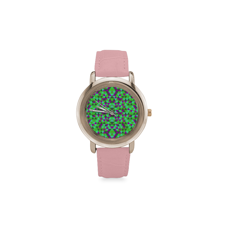 Fucsia and green mini rectangles Women's Rose Gold Leather Strap Watch(Model 201)