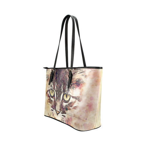 watercolor cat Leather Tote Bag/Large (Model 1651)