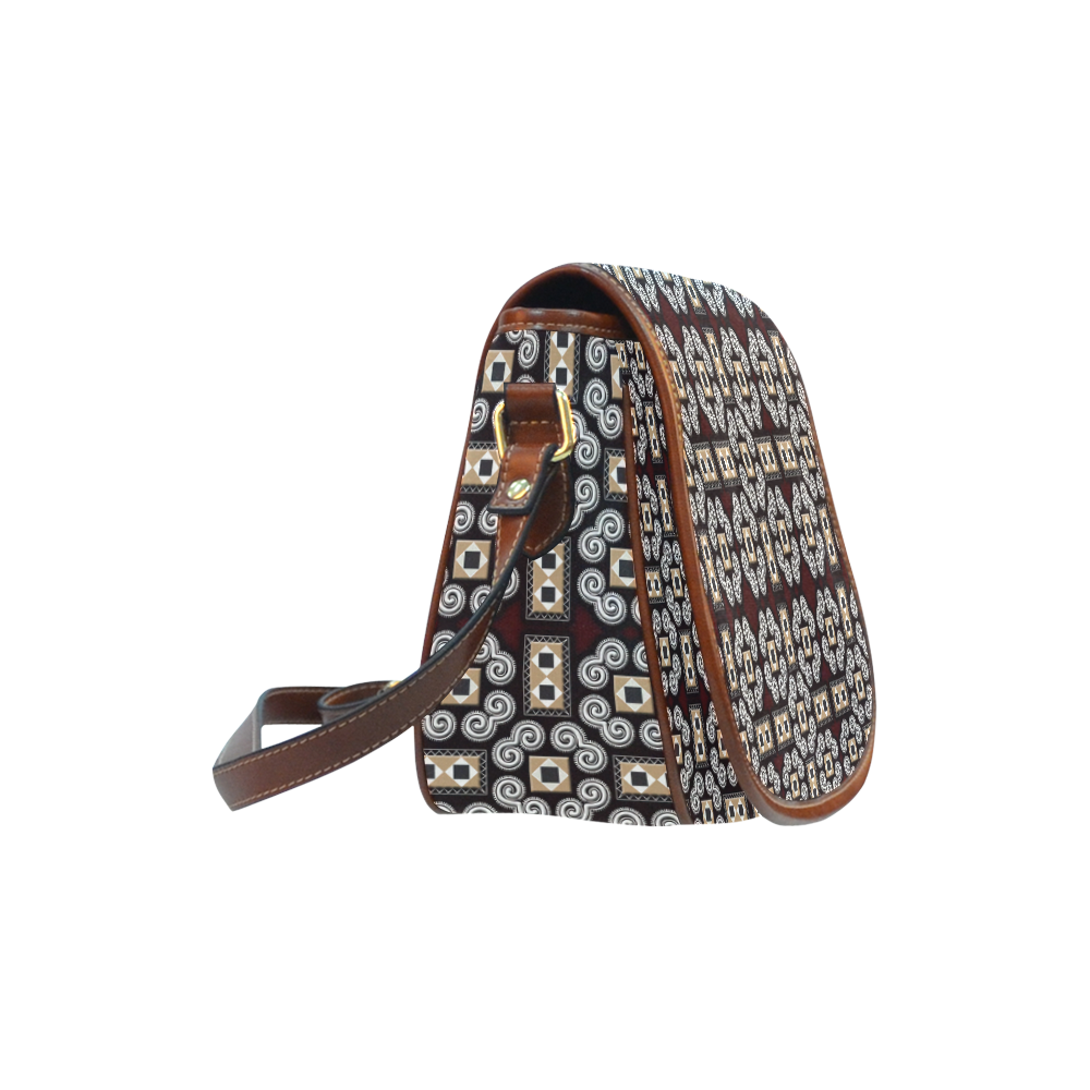 Black, white and tan floral geometric ethnic Asian pattern Saddle Bag/Large (Model 1649)