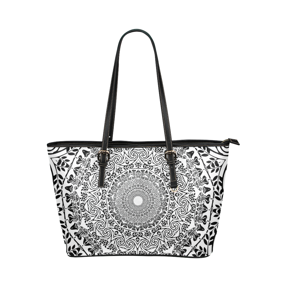 Deep black and white  mandala Leather Tote Bag/Large (Model 1651)