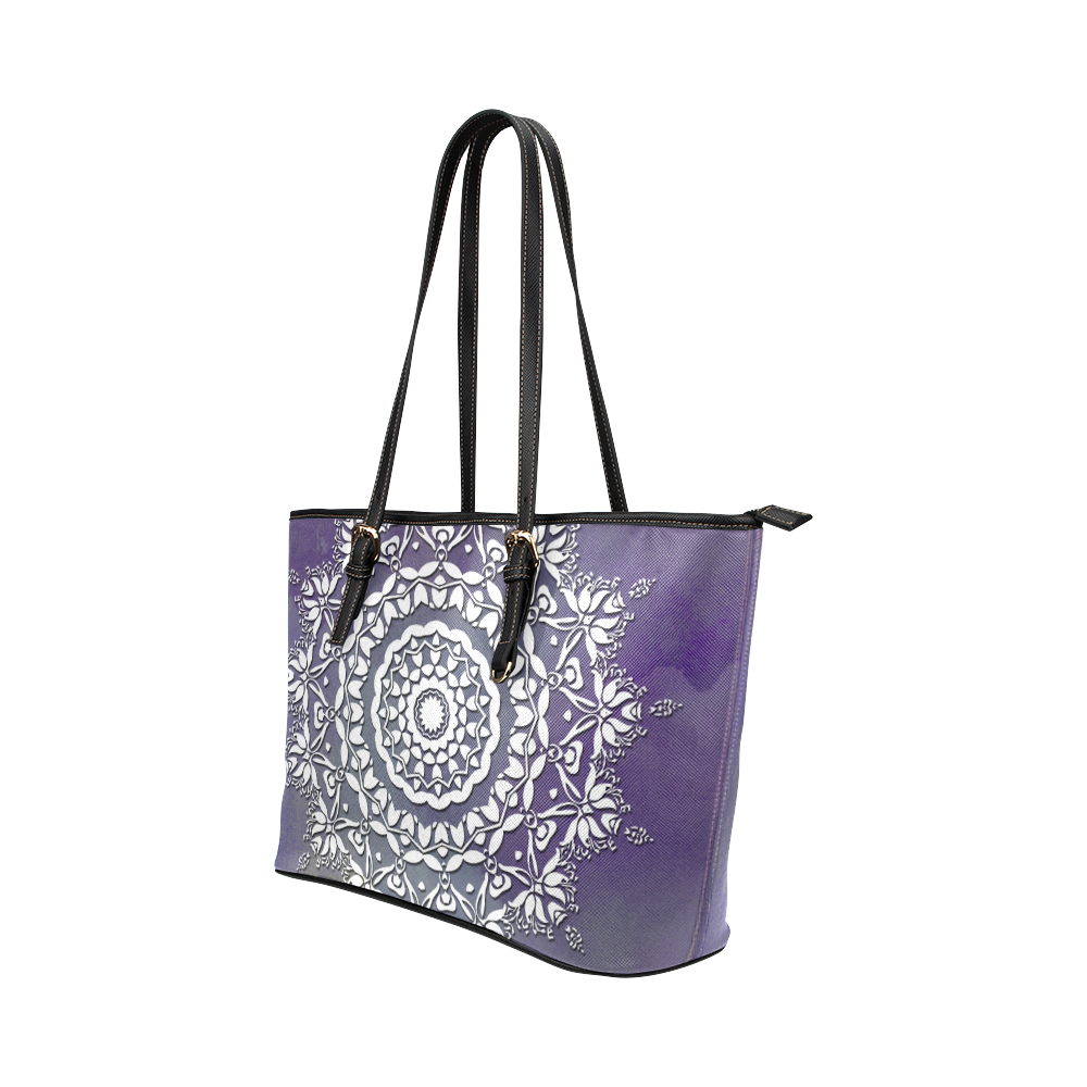 Floral watercolor Violet and white mandala Leather Tote Bag/Small (Model 1651)