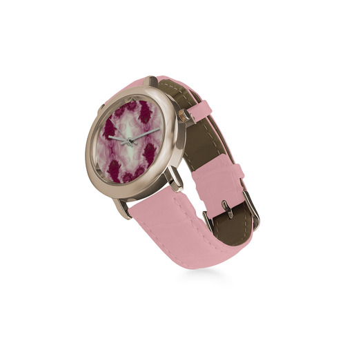 Maroon and White Lace Fractal Abstract Women's Rose Gold Leather Strap Watch(Model 201)