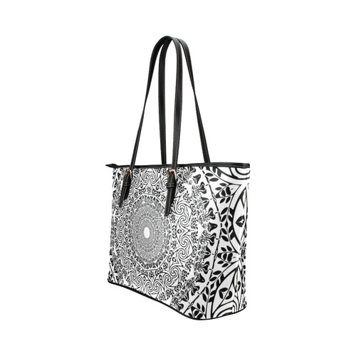 Deep black and white  mandala Leather Tote Bag/Large (Model 1651)