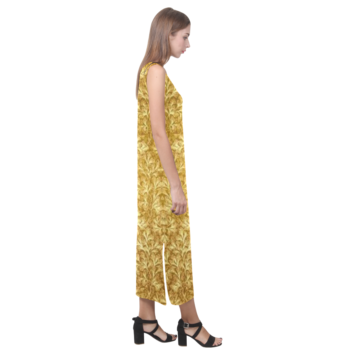 Vintage Floral Lace Leaf Yellow Phaedra Sleeveless Open Fork Long Dress (Model D08)