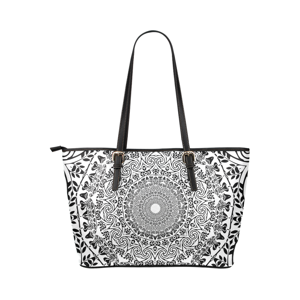 Deep black and white  mandala Leather Tote Bag/Large (Model 1651)