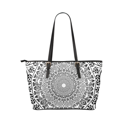 Deep black and white  mandala Leather Tote Bag/Large (Model 1651)