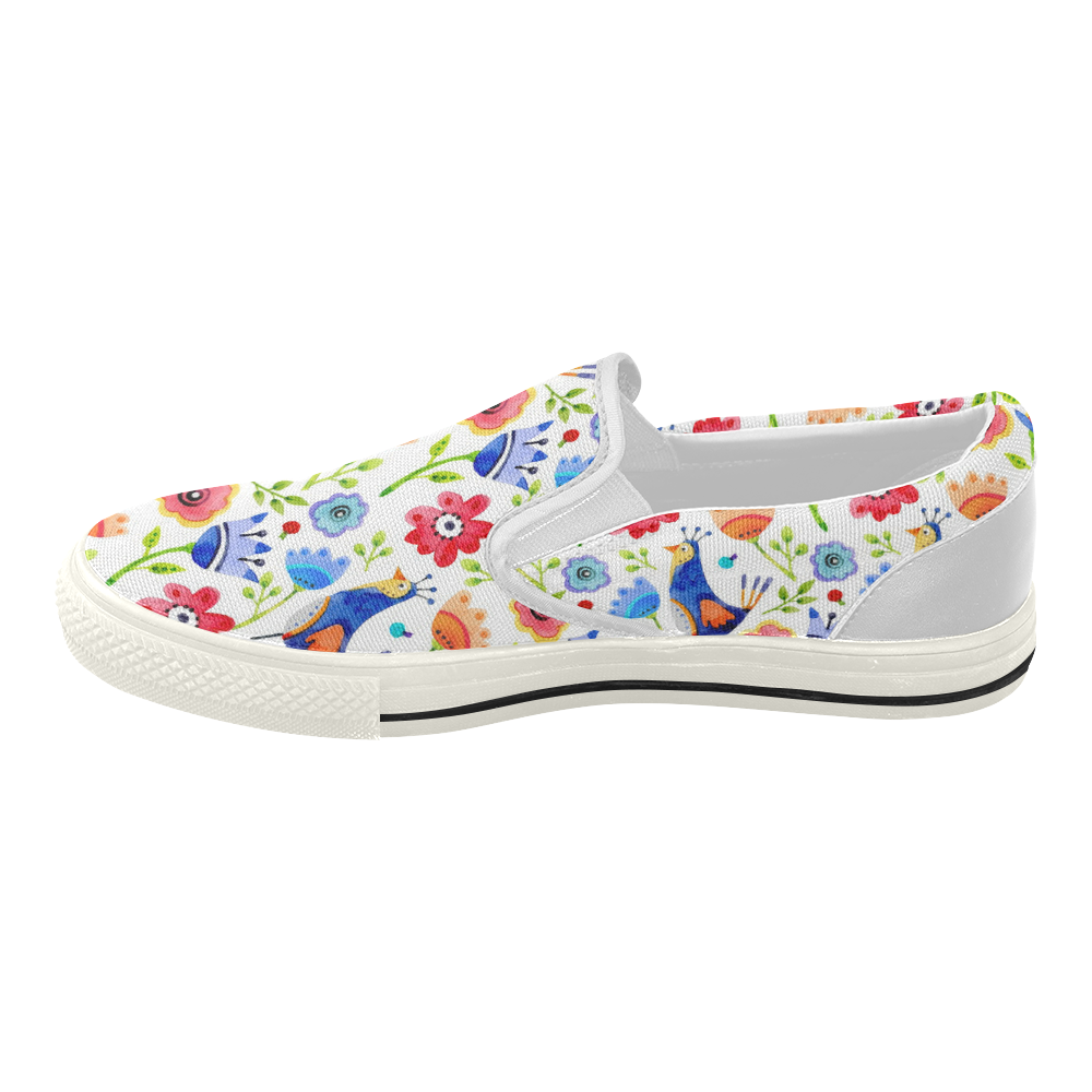 Cute Birds And Flowers Floral Women's Slip-on Canvas Shoes (Model 019)