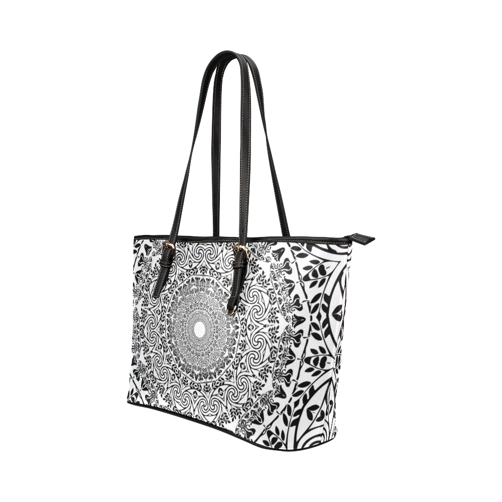 Deep black and white  mandala Leather Tote Bag/Large (Model 1651)