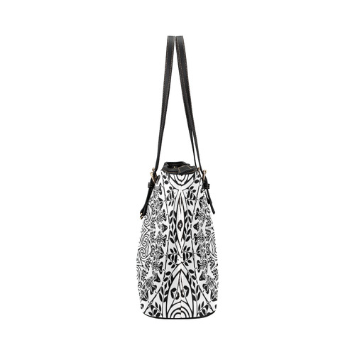 Deep black and white  mandala Leather Tote Bag/Large (Model 1651)